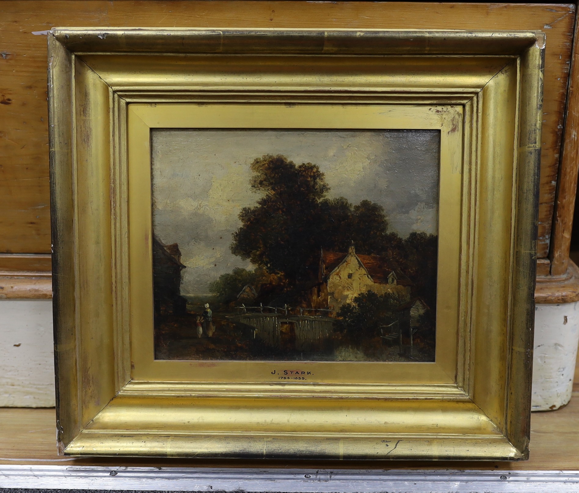 After James Stark, oil on canvas, figures amongst a village, unsigned, 20 x 25cm